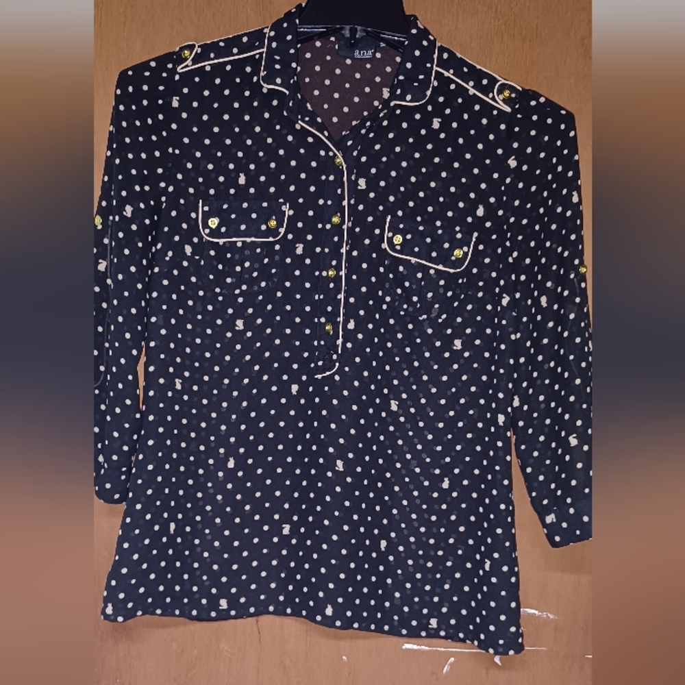 A.N.A women's black and gold polka dot and bunny blouse